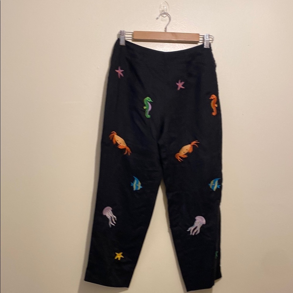 C J LAING Black Linen Pants with Colorful Sea Creature Embroidery. Size 4